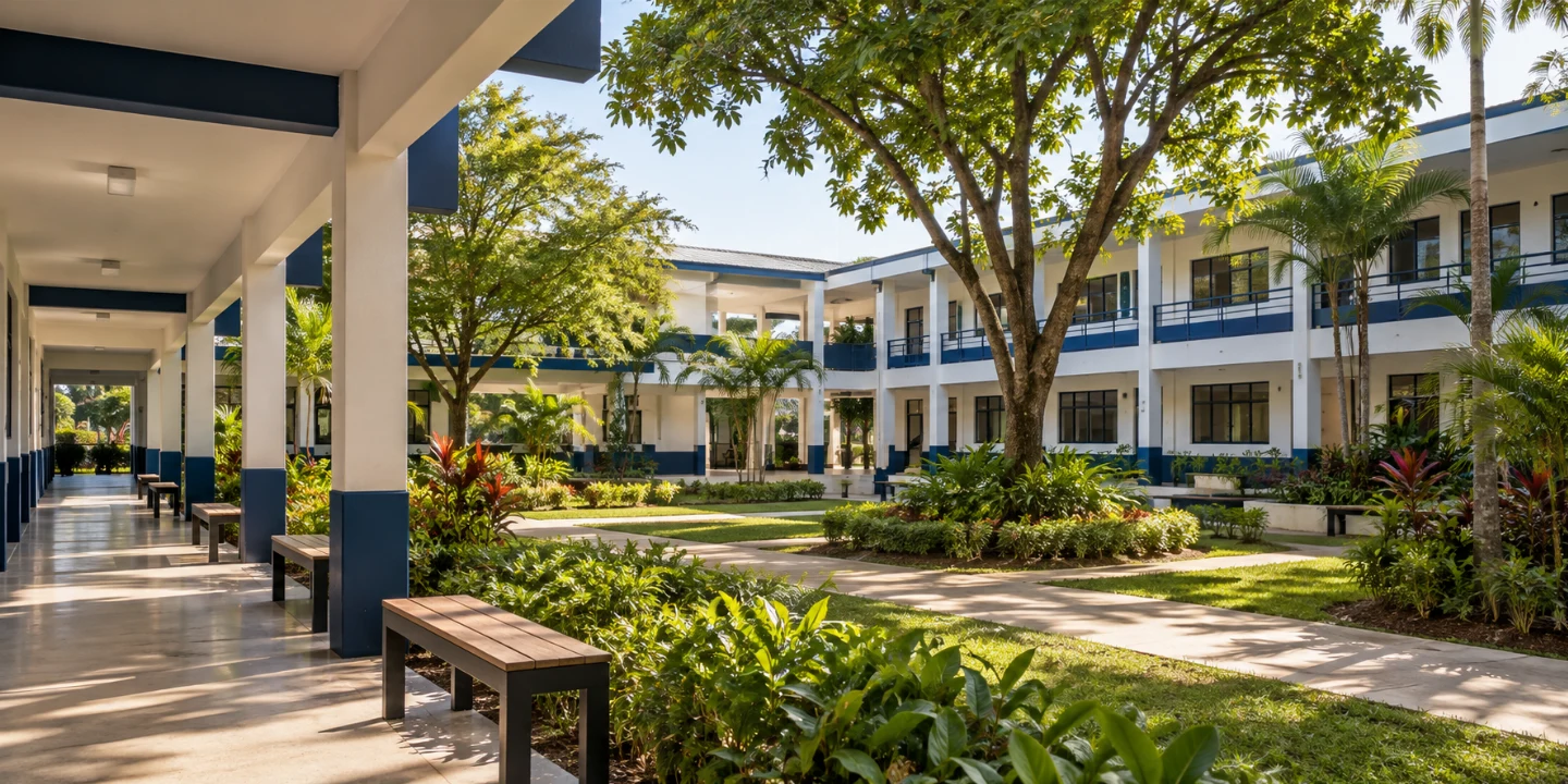 Patio y edificios de un campus escolar de muestra