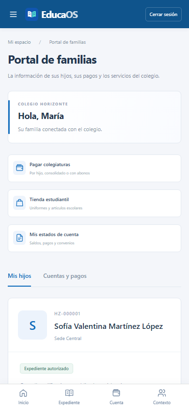 Portal móvil para padres con dos hijos y acceso al estado de cuenta